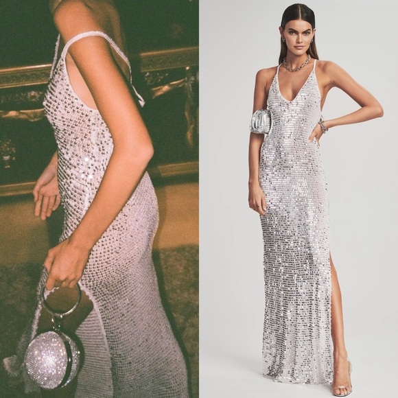 NWT RETROFETE Sequined Crochet Plunge V-Neck Cross Back Sleeveless Maxi Dress XS - Picture 8 of 16